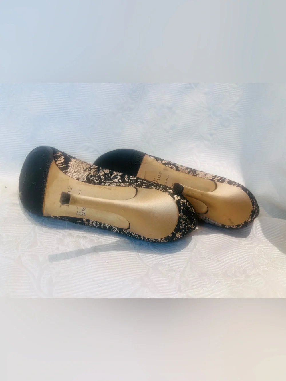 Christian Dior Women High Heel Shoes 7.5 Size 38 Tan Black Filigree Lace 3